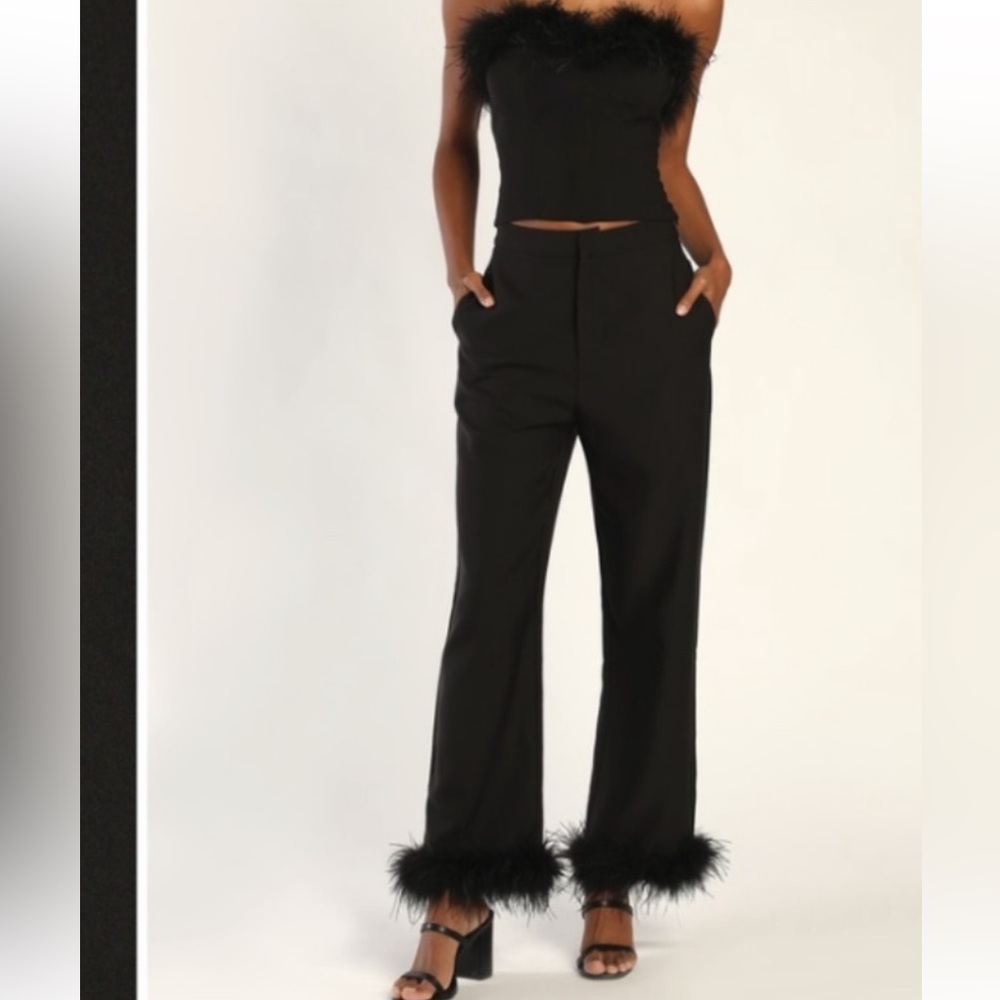 Lulu's Black Feather-Trim Wide Leg Pants
